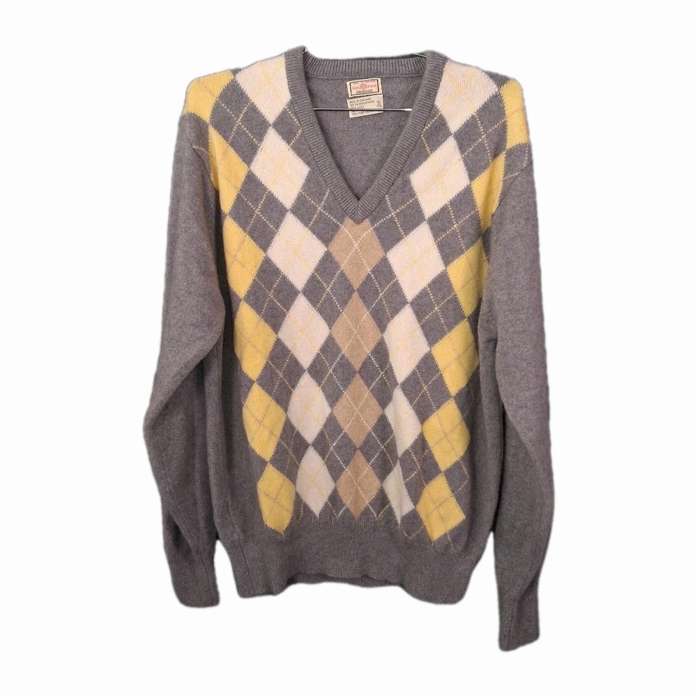 Vtg Alan Paine Cashmere Gray Argyle Sweater Men's 46" Large V Neck Made England